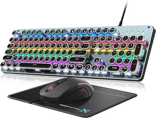 Typewriter Style Mechanical Gaming Keyboard Blue Switch, Rainbow LED Backlit Wired Computer Keyboards Mouse and Pad Combo, Metal Panel Retro Punk Round Keycaps, 104 Keys Anti-Ghost for PC Laptop Gamer