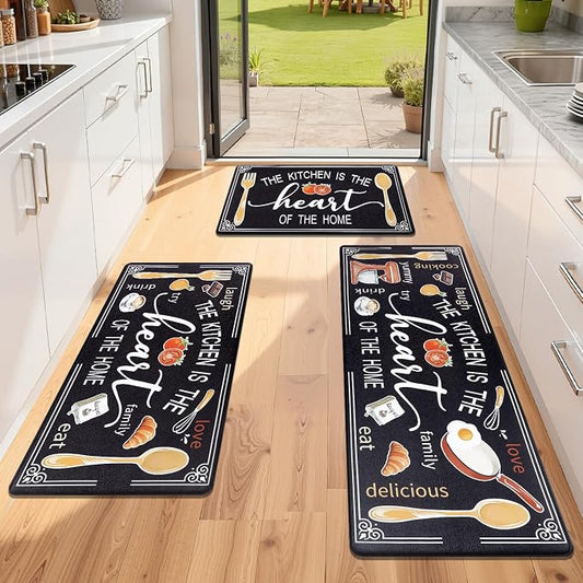 Yamaziot Anti Fatigue Kitchen Rug Set of 3, Non-Slip Cushioned Floor Mats | Waterproof, Stain Resistant, Farmhouse Cushioned Comfort Standing Desk Mat with Runner for Kitchen, Office, Sink, Laundry