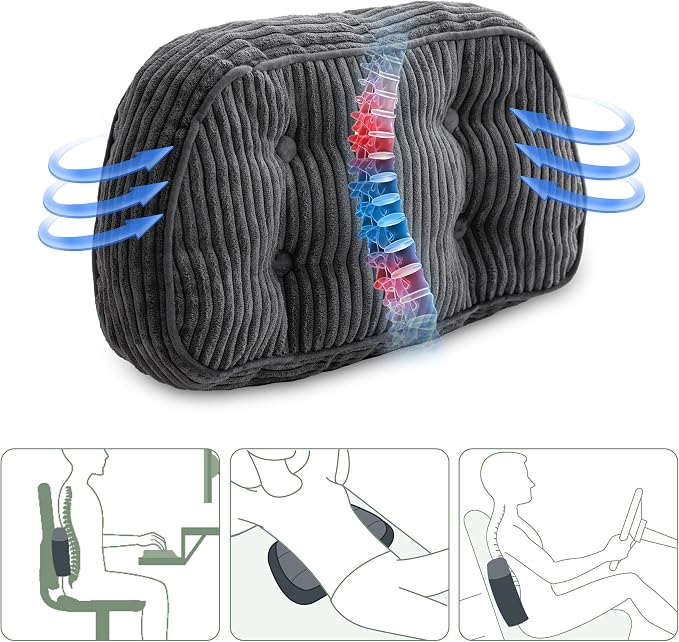 HIGOGOGO Lumbar Support Pillow for Recliner Chair/Accent Chair/Couch/Office Chair, Tufted Corduroy Back Support Cushion for Elderly, Recliner Cushions for Back Rest, Pain Relief, Reading, Dark Grey