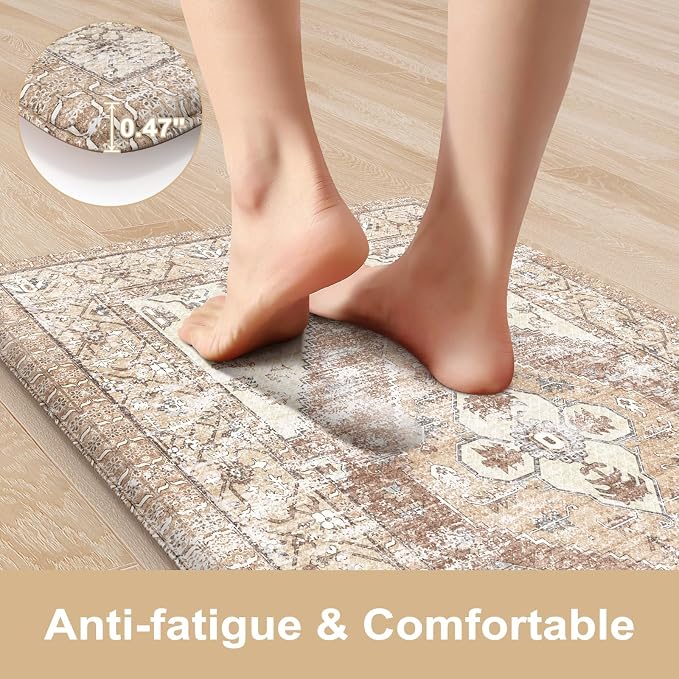 KIMODE Kitchen Mats Cushioned Anti Fatigue, 20"x39" Farmhouse Kitchen Rug, Non Slip Kitchen Mats for Floor, Padded Kitchen Floor Mats, Standing Desk Mat for Sink, Laundry, Desk Khaki