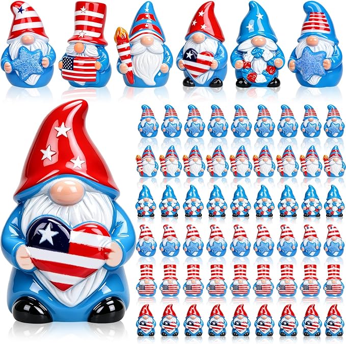 60 Pcs Patriotic Mini Resin Gnomes 6 Style 4th of July Tiny Gnomes Figures to Hide Independence Day Miniature Decor for DIY Craft Projects Party Favors and Desk Decor