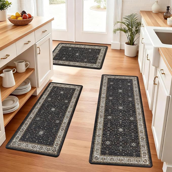 Pauwer Anti Fatigue Kitchen Floor Mats Set of 3, Cushioned Rugs, Black | Non Slip Comfort Standing Mat, PVC Foam Padded Kitchen Rugs, Waterproof Sink Rug for Small Kitchen Area, Laundry Room