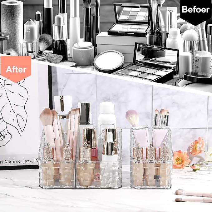 DASITON Makeup Brush Holder Organizer, 4 Slots Acrylic Makeup Brushes Storage Cup, Woven Texture Make Up Brush Holder for Vanity Bathroom Office, Pen Holder for Desk, Cosmetic Display Cases (Clear L)