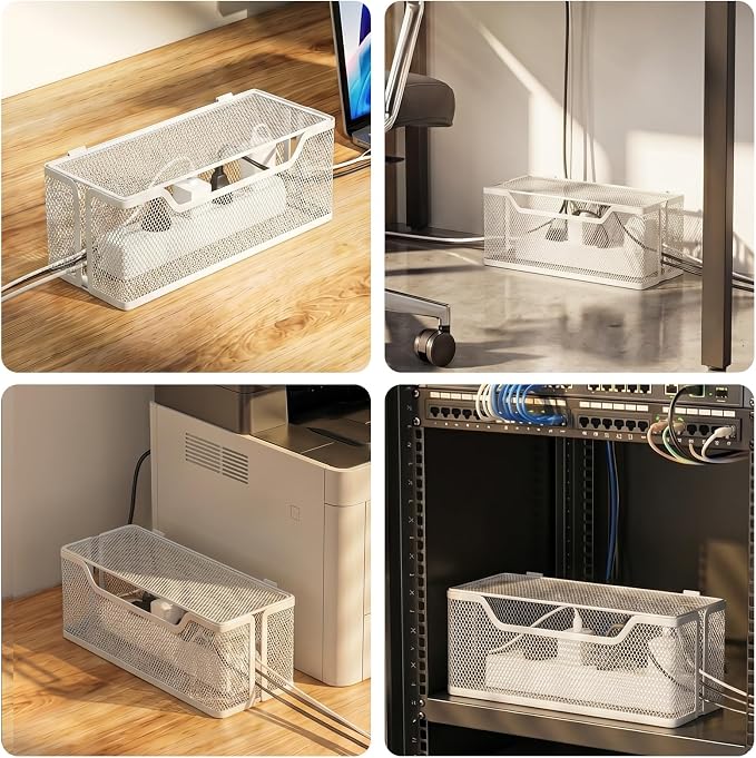 3 Pack Cable Management Box, Metal Mesh Cord Organizer Box for TV Wires, Electrical Hiding, Power Strip – Under Desk Cable Storage Box with Cable Clips&Reusable Cable Ties for HomeOffice - White