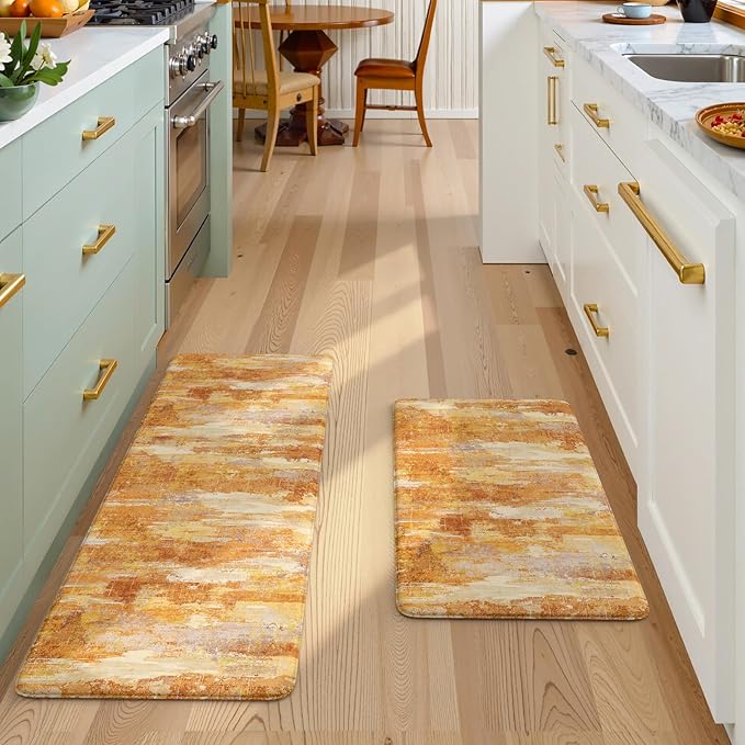 Collive Kitchen Mats for Floor 2PCS, Fall Abstract Cushioned Anti Fatigue Mat Non Slip Waterproof Kitchens Sink Rug, Orange Modern Comfort Standing Mat for Desk, Bar, Home Decor, 17"x47"+17"x29"