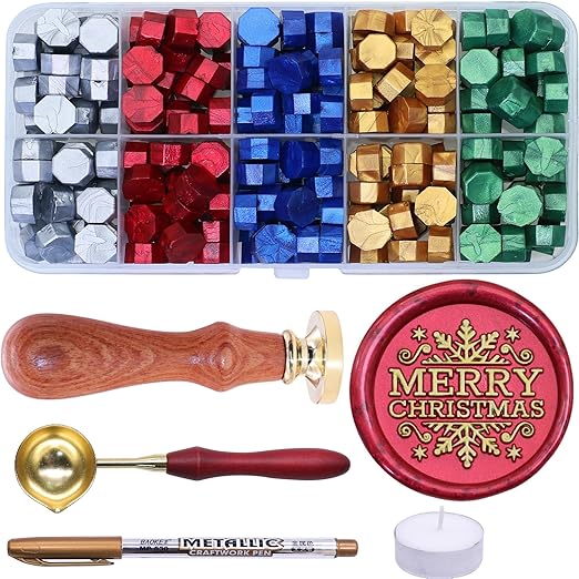 SWANGSA Merry Christmas Wax Seal Stamp Kit with 200pcs Sealing Wax Beads, Great for Christmas Cards, Invitations, Wine Packages, Gift Ideas
