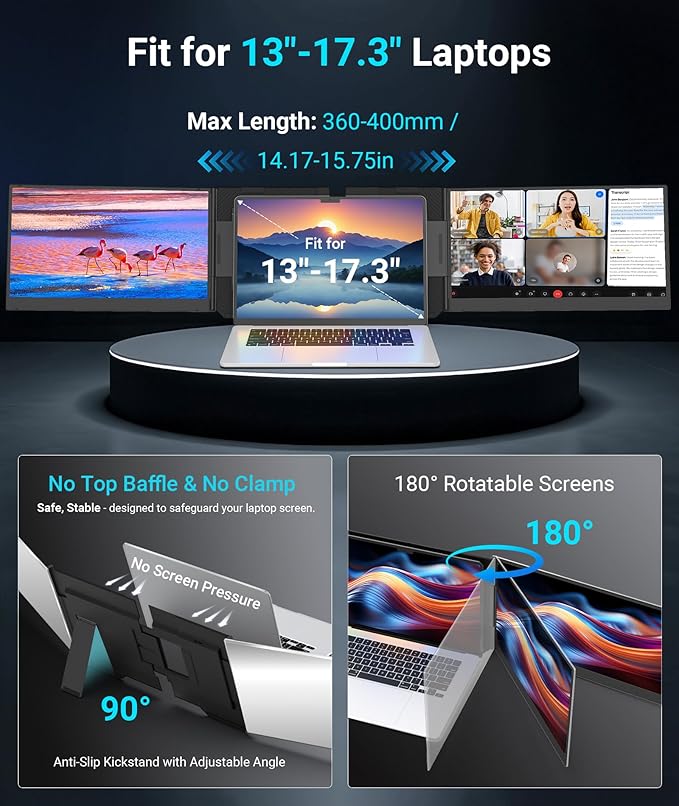 15.6" Laptop Screen Extender, 1080P FHD Triple Portable Monitor for Laptops, Ultra-Slim Travel Dual Monitor Fit for 12"-17.3" Laptops, USB-C Plug&Play Extended Screen Compatible with Win/Mac/Android