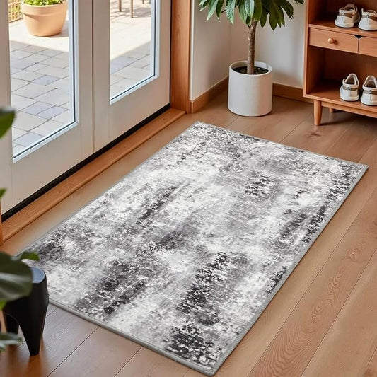 Macgace Washable Abstract Rug, 2x3 Small Modern Area Rugs with Non-Slip Rubber Backed for Kitchen, Thin but Soft Throw Carpet Bedroom Entryway Front Door Decor, Dark Grey