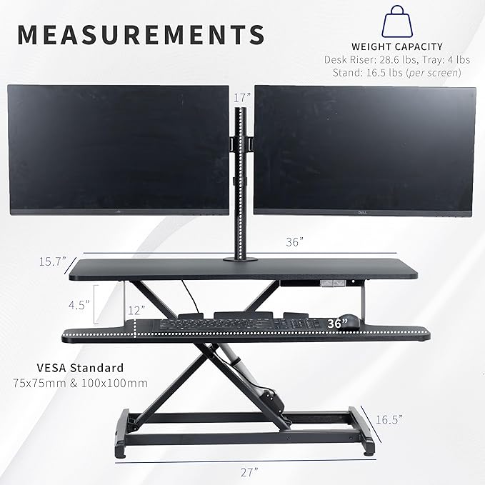 VIVO Electric Height Adjustable 36 inch Standing Desk Converter with Dual Monitor Stand for 13 to 30 inch Screens, Sit Stand Monitor Mount and Desk Riser, Black, DESK-KIT-VE36B2