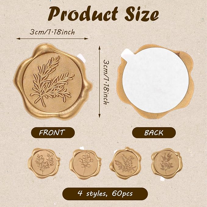 WSICSE 60Pcs Wax Seal Stickers, Wedding Invitation Envelope Seal Stickers Adhesive Backed Light Gold for Wedding, Mother's Day, Gift Wrapping (4 Leaf Styles)