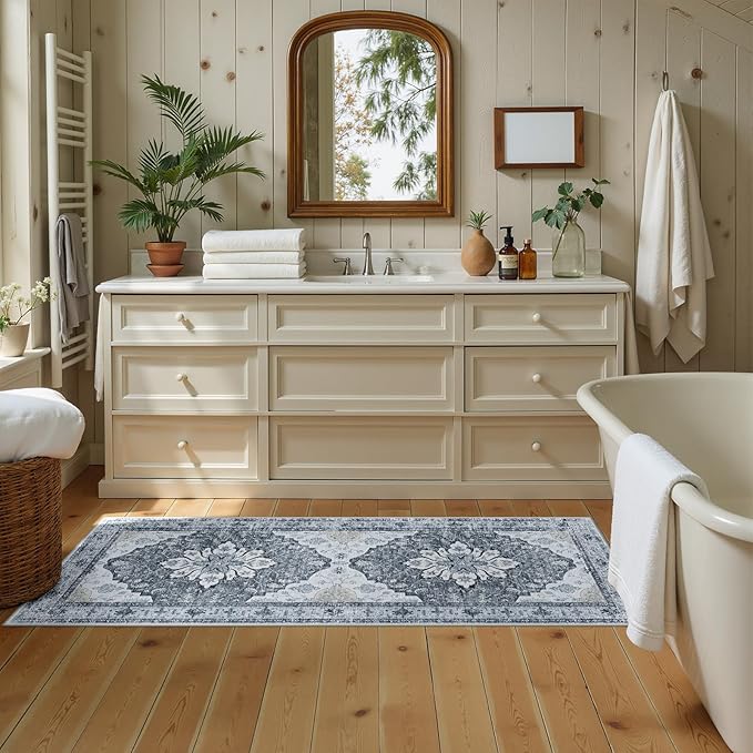RELEANY Area Rugs Runner 2'x5' Washable Non-Slip, Floral Vintage Distress Medallion Carpet for Kitchen Hallway Bedroom Beside Laundry Room Bathroom, Light Gray Grey White