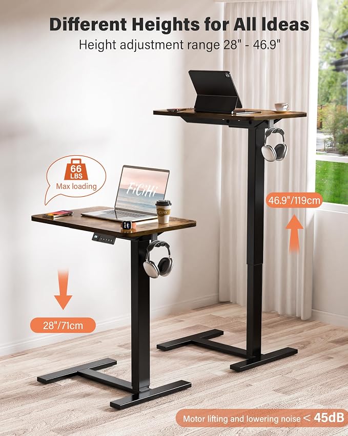 FiCiHi Electric Standing Desk with Wheels – Adjustable Height Mobile Sit-Stand Laptop Table, Portable Rolling Small Computer Workstation for Home Office & Bedside Use (28"x16", Rustic Brown)