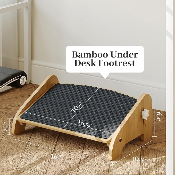 Foot Rest Under Desk, Bamboo Adjustable Footrest with 4 Angles, Ergonomic Foot Stool for Under Desk at Work, Office Non-Slip Desk Foot Rest with Massage Surface, Improves Posture