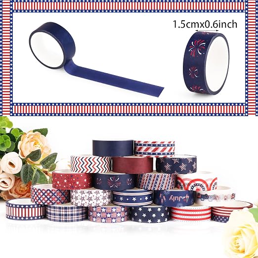 20 Rolls for Independence Day Decorative Tape Set for 4th of July Washi Tape Patriotic Stripes Washi Masking Tape for Holiday Kids DIY Art Crafts Notebook Scrapbooking & Stamping Supplies