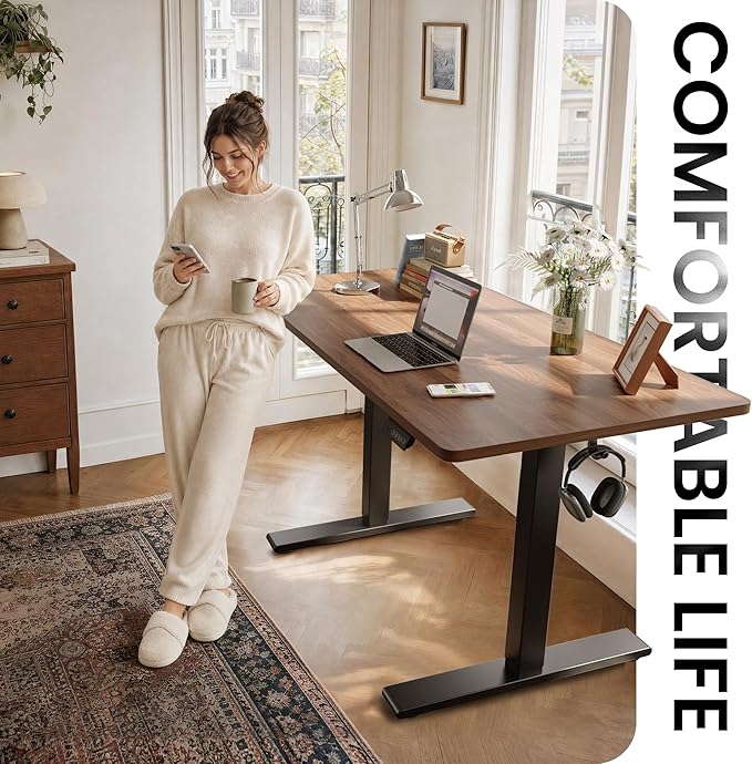 CubiCubi One-Piece Standing Desk, 48 x 24 Electric Height Adjustable Computer Desk, Sit Stand up Home Office Workstations with Whole-Piece Desktop, Black Walnut