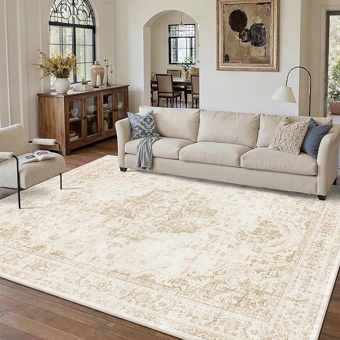 9x12 Vintage Washable Area Rugs Boho Medallion Large Distressed Retro Accent Carpet Floral Non-Slip Soft Low Pile Indoor Throw Rug for Living Room Bedroom Dining Room Office Kitchen, Beige