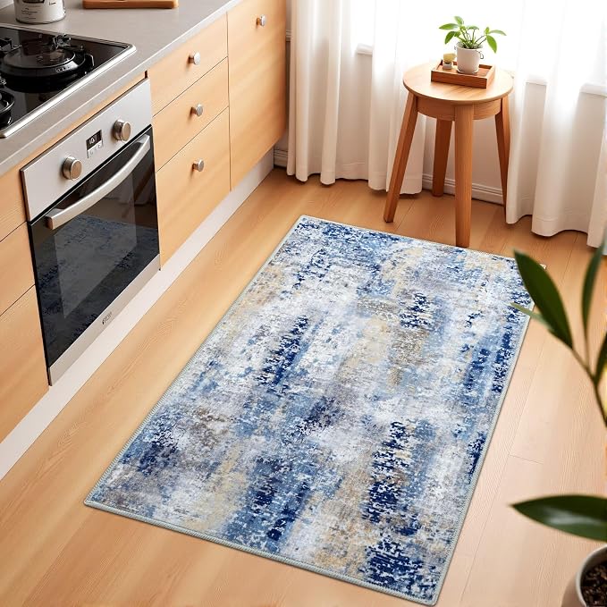 Macgace Washable Abstract Rug, 2x3 Small Modern Area Rugs with Non-Slip Rubber Backed for Kitchen, Thin but Soft Throw Carpet Bedroom Entryway Front Door Decor, Midnight Blue