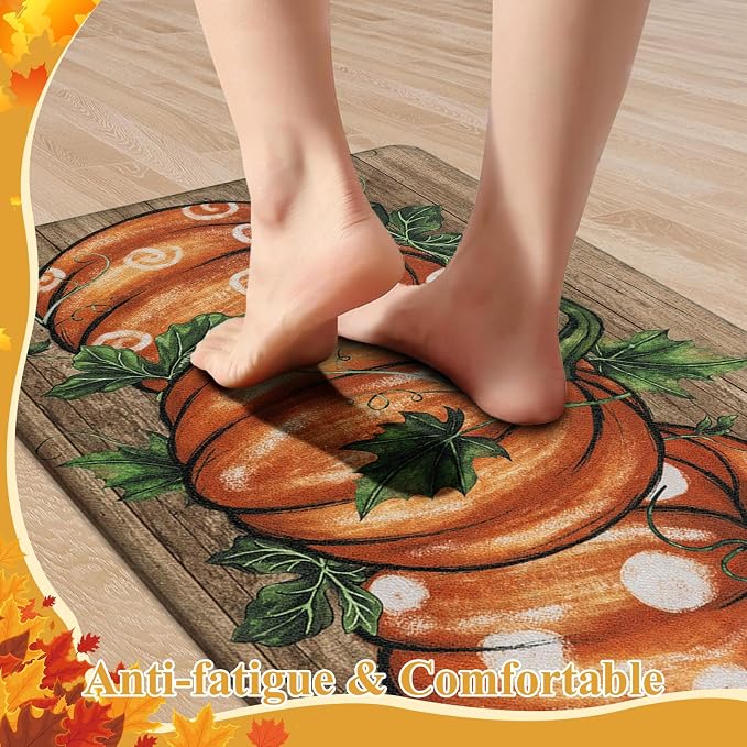 SHACOS Fall Anti Fatigue Kitchen Mats Orange Pumpkins, 17x27.5+17x47 | Wood Board Autumn Harvest Cushioned Kitchen Rugs Set of 2 Non Slip Kitchen Floor Mat Ergonomic Standing Mats
