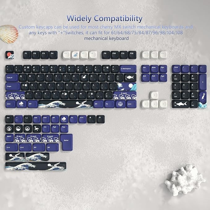 Womier PBT Black Keyboard Keycaps, Japanese MOA Keycaps for Mechanical Keyboard, Cute Custom Dye-Sublimation Key Cap for 60 65 75 100 Percent, Kanagawa