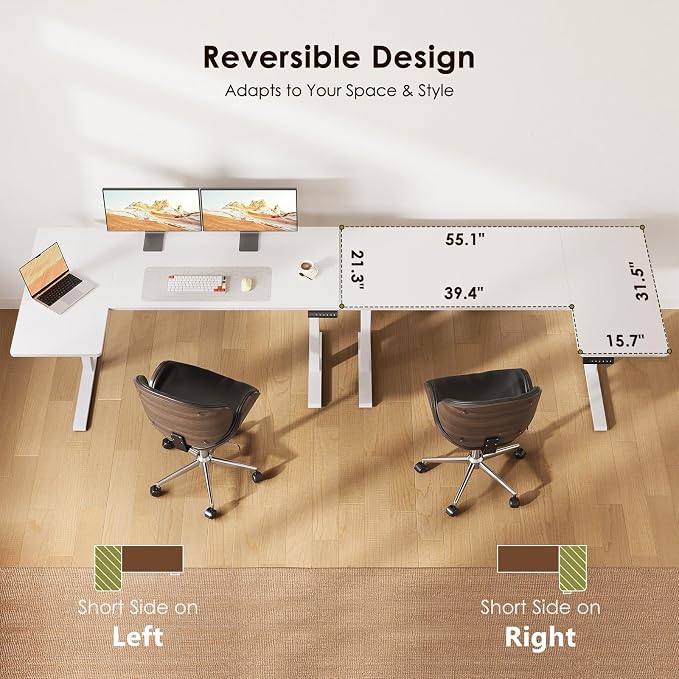 OffiGo Electric L Shaped Standing Desk, 55 Inches Height Adjustable Table, Reversible Corner Stand Up Desk, Lifting Computer Table for Home Office, Computer Workstation, White