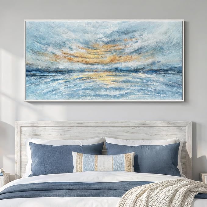 Large Framed Blue Gold Abstract Wall Art for Living Room, Horizontal Coastal Canvas Prints Paintings Artwork for Walls, Modern Ocean Landscape Pictures Wall Decor for Bedroom Dining Room Office 30x60