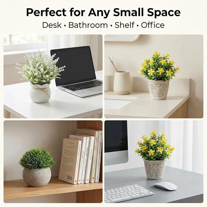 AUUGUU Small Artificial Potted Plants for Desk Decor, Mini Fake Plants for Bathroom, Office Desk Decor, Shelf Home Decor, Realistic Faux Greenery Indoor