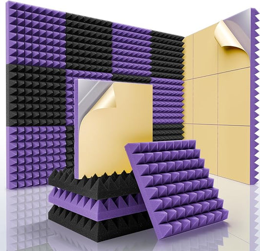 Sonicism Sound Proof Foam Panels for Walls Self-Adhesive 36 Pack Pyramid 2" X 12" X 12" Soundproof Wall Panels High Density Acoustic Panels Foam Fast Expand,Sound Absorption & Decoration,Black/Purple