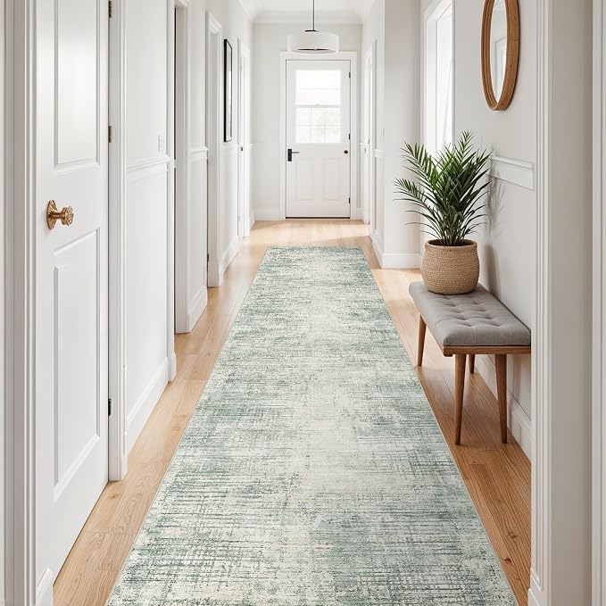3x12 Hallway Washable Runner Rug - Non-Slip Kitchen Rugs with Rubber Backing Abstract Neutral Low-Pile Carpet Runners for Laundry Room Home Decor Bedroom Bathroom Entryway (Green,3x12)