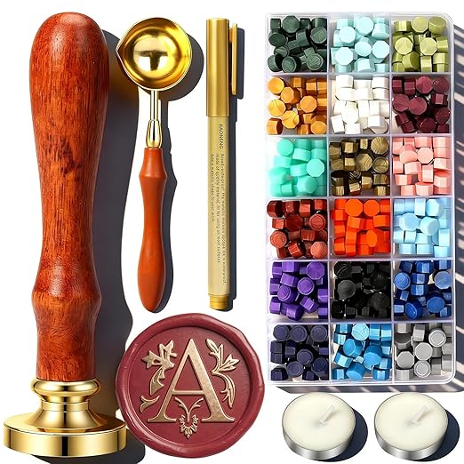 A Wax Seal Stamp Kit, TEKGERLU 360 PCS 18 Colors Wax Beads, Copper A Letter Stamp with Solid Wood Handle, Full Tools for Wedding Invitations, Envelope Sealing