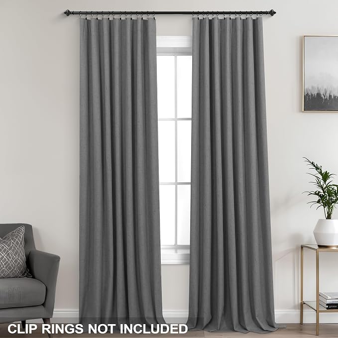 KOUFALL 100 Inch Grey Curtains for Bedroom, Back Tab Linen Blackout Curtains 100 Inches Long for Living Room, Charocal Dark Gray