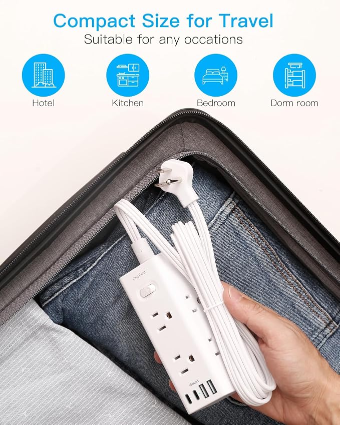 1Ft Extension Cord with Multiple Outlets, Flat Plug Power Strip Surge Protector with 1 Ft Cord, 6 Outlet 4 USB Ports (2 USB C), Multi Outlet Wall Plug for Travel, College, Dorm Room Essentials(White)