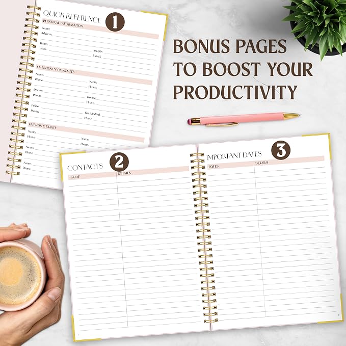 Decorably 120 Pages My to Do Planner Undated Notebook with Gold Corners, 6.4x8.5in Aesthetic Spring-Bound with Simplified Sections & Inspirational Quotes, Checklist, Contacts - Home, School, Office