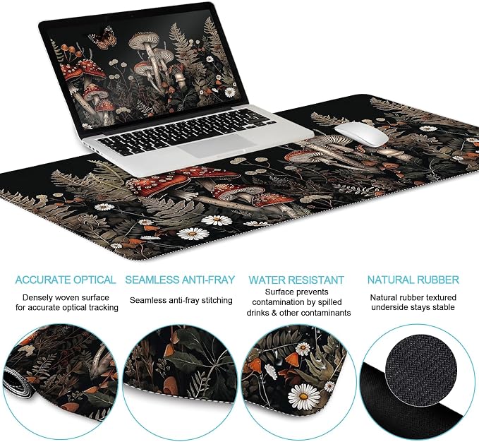 LIMKRIAN Mushroom Mouse Pad Set Large Desk Matt for Desktop, Ergonomic Mouse Pad with Wrist Rest, Gaming Mouse Pad Wrist Support Keyboard Mat Cup Coaster Set Office Desk Decor Accessories