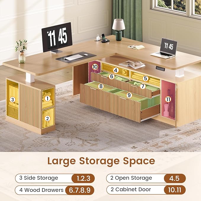 SEDETA L Shaped Electric Standing Desk, 69" x 55"Height Adjustable Office Executive Desk with 4 Drawers and Storage Shelves, Fluted Sit Stand Computer Desk with Power Outlet for Home Office (Natural)