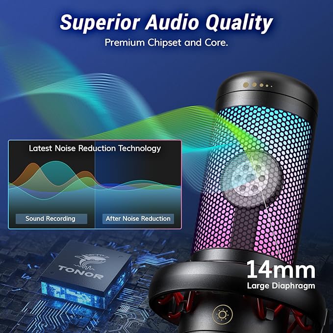 TONOR Gaming Microphone Set, USB Condenser Mic for PC with Stand, Controllable RGB, Quick Mute, Volume Control, for Twitch Streaming, Discord Chatting, 200 cm/78inch Cable, Desktop Stand TC310