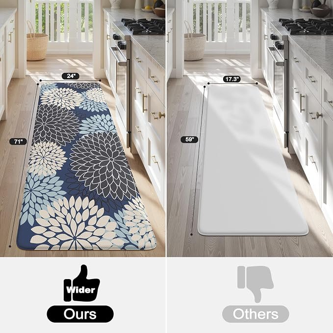 KIMODE Kitchen Mats for Floor Anti Fatigue Cushioned Long Kitchen Rugs | 24"x71"Blue, Floral,Farmhouse,Waterproof Kitchen Mat ,Comfort Standing,Wipe Clean,Kitchen Runner Rug Laundry Sink Floor
