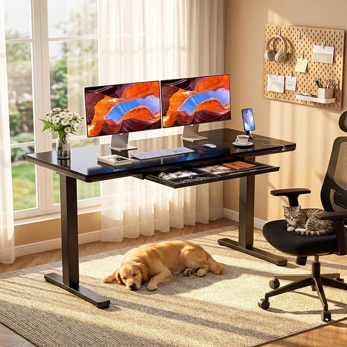 YESHOMY Electric Standing Desk with Tempered Glass Top, 55.1" Height Adjustable Desk with Partitioned Drawer & USB/Type-C Ports, Sit Stand Desk for Home Office, Black