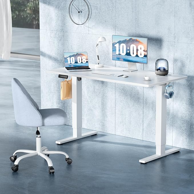 DUMOS 55 Inch Electric Standing Desk Height Adjustable, Sit to Stand Computer Workstations Large Work PC Table Home Office Writing Gaming Desks with Memory Presets for Walking Pad, Bedroom, White