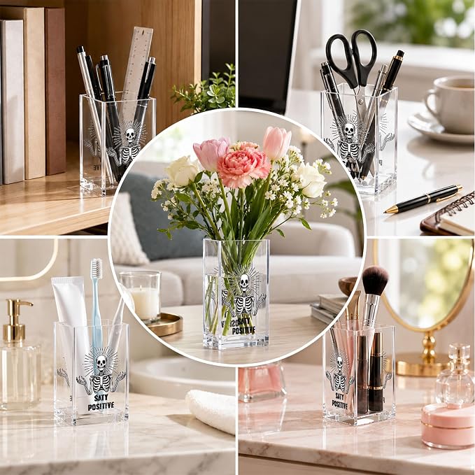 Skeleton Acrylic Pen Holder Cup, Stay Positive Funny Desk Decor, Goth Pencil Holder Organizer, Skull Office Accessories, Cute Coworker Gift for Women Men