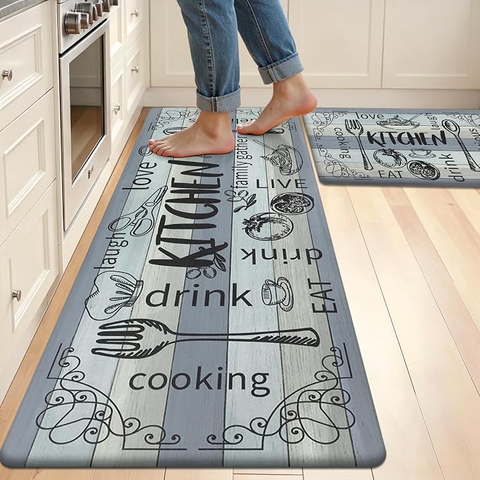 HEBE Kitchen Rugs Set of 2, Cushioned Anti Fatigue Kitchen Mats for Floor, Non Slip Waterproof Comfort Standing Desk Mat Carpet for Sink, Stove, Laundry Room