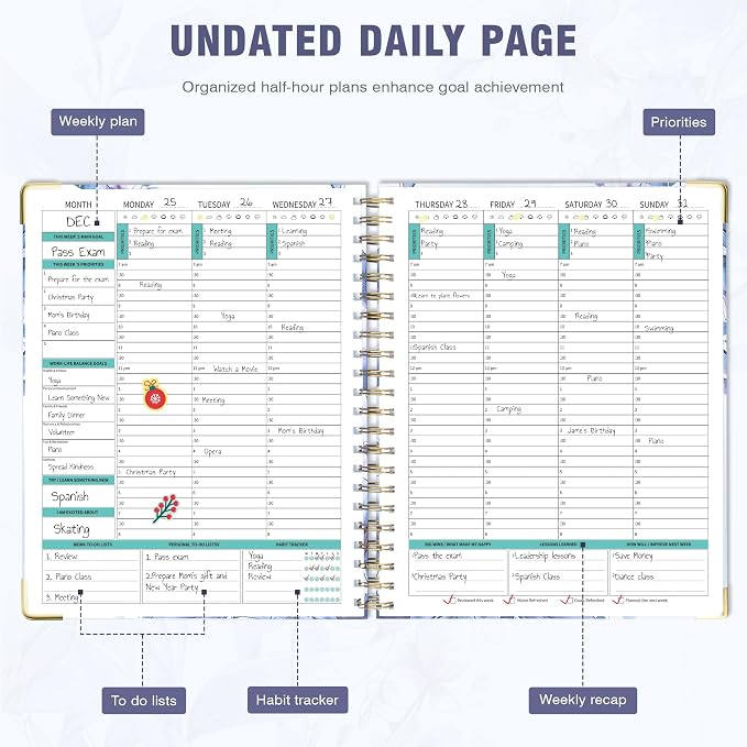 Ospelelf Spiral Undated Daily Planner 8.5 x 11, Weekly Monthly Teacher Academic Yearly 2025-2026, Purple