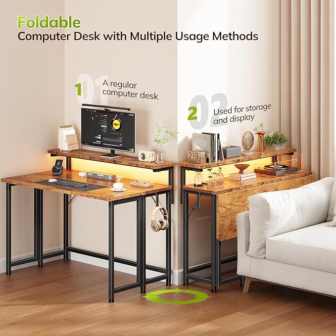 Folding Desk for Small Space,Foldable Computer Desk with Monitor Stand,31.5 Inch Small Desk with LED Lights for Bedroom Home Office,Writing Work Office Computer Desk with Hooks,Rustic Brown