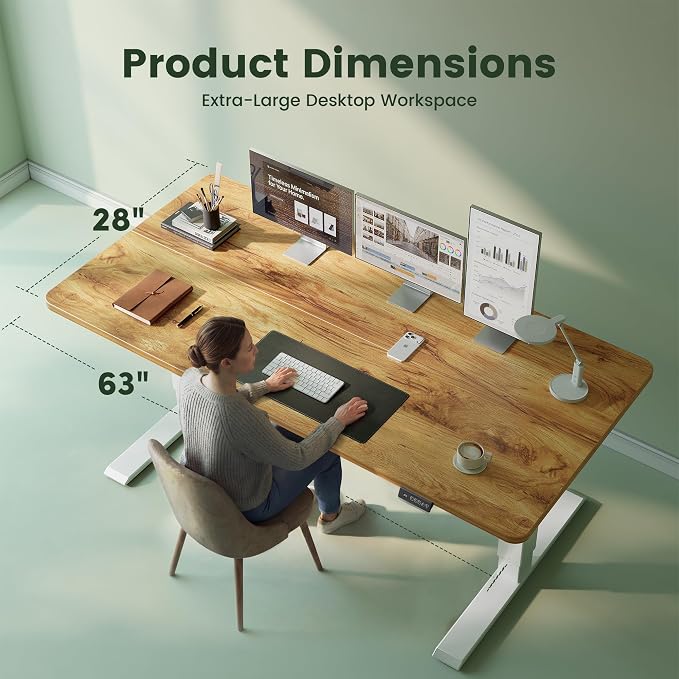 CubiCubi Standing Desk, 63 x 28 Inches Electric Height Adjustable Computer Desk, Sit Stand up Home Office Desk with Memory Presets, Natural
