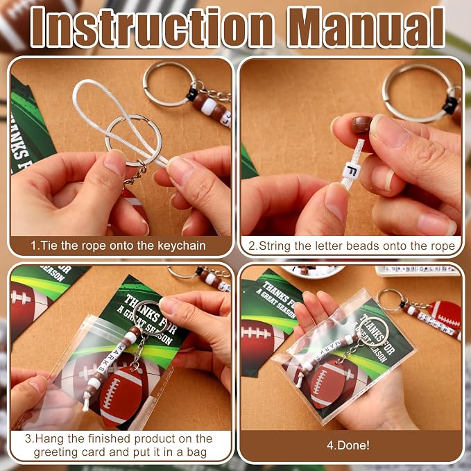 Suncalla 984 Pcs 24 Set Football Keychain Making Kit DIY Football Bag Tag Sport Key Chain Crafts Adjustable Letter Beads Cards Strings Kit Team Gift Accessories Party Favors for Adult(White Brown)
