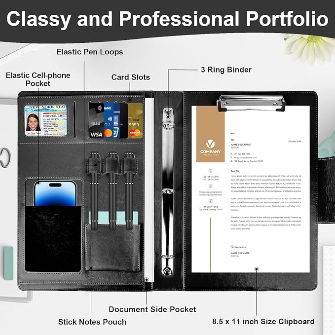 3 Ring Portfolio Binder Folder Faux Leather Padfolio Business Portfolio Organizer A4 Letter Size with Strong Magnetic Closure for Meeting,Presentation,Traveling,Wedding