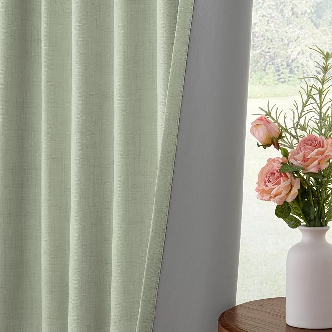 INOVADAY 100% Blackout Curtains for Bedroom, Sage Black Out Curtains 108 Inch Long, Clip Rings Linen Blackout Drapes, Thermal Insulated Room Darkening for Living Room, 2 Panels - W50xL108