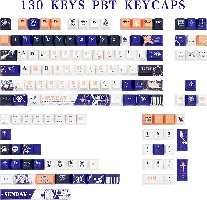 PBT Material Keycaps 130 Keys，Japanese Anime Style Keycaps Cherry Profile Dye Sublimation Keycap Blue White Custom Key Cap Set for Mechanical Keyboard 61/64/75/84/87/104/108 Layout