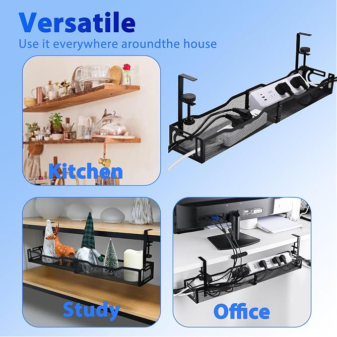 Under Desk Cable Management Tray 25.3 Inch, Clamp-On Cable Organizer Box for Standing Desks, No Drill Cord Management Under Desk, Large Desk Wire Organizer for Office & Home, Black