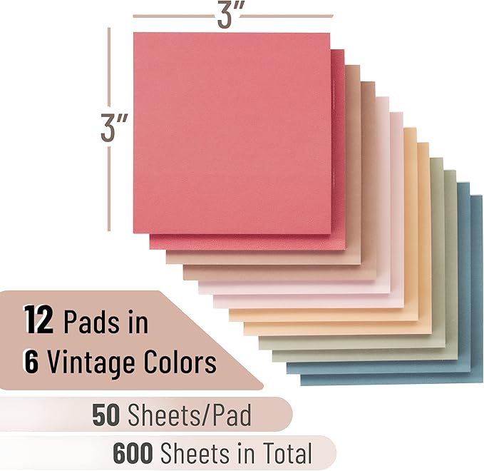 Mr. Pen- Sticky Notes, 3"x3", 12 Pads, Vintage Colors, Self-Stick Pads, Aesthetic, Colorful, Bulk (Pack of 2)