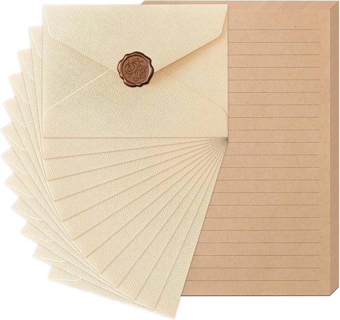 48 Pieces Stationery Set with Envelopes (24 Kraft Paper Sheets + 12 Linen Texture Envelopes+12 Wax Seal Stickers), Stationery Letter Writing Paper Set for Love Letters and Party Invitations (White)